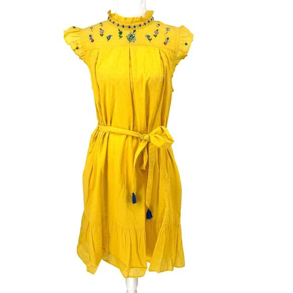 Banjanan Yellow Floral Embroidered Cotton Midi Dress Size L NWT Pockets OP $345 - Picture 1 of 13